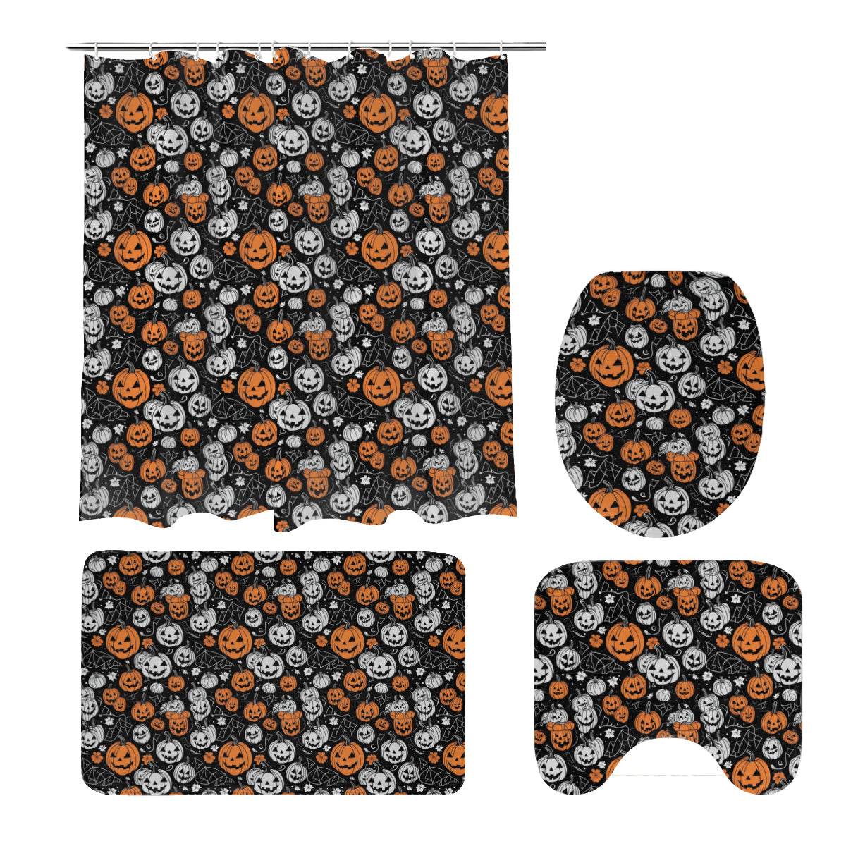 Jack-O-Lanterns Bathroom Four-Piece Set(Shower Curtain + Toilet Cover Mat + Toilet Foot Mat + Floor Mat)| Polyester - DeRose Seasonal