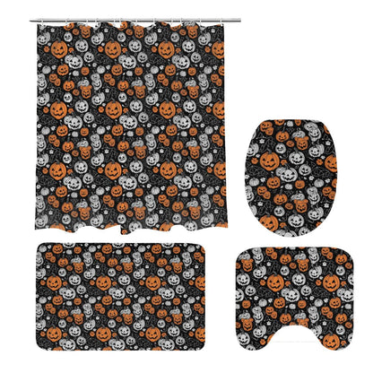Jack-O-Lanterns Bathroom Four-Piece Set(Shower Curtain + Toilet Cover Mat + Toilet Foot Mat + Floor Mat)| Polyester - DeRose Seasonal