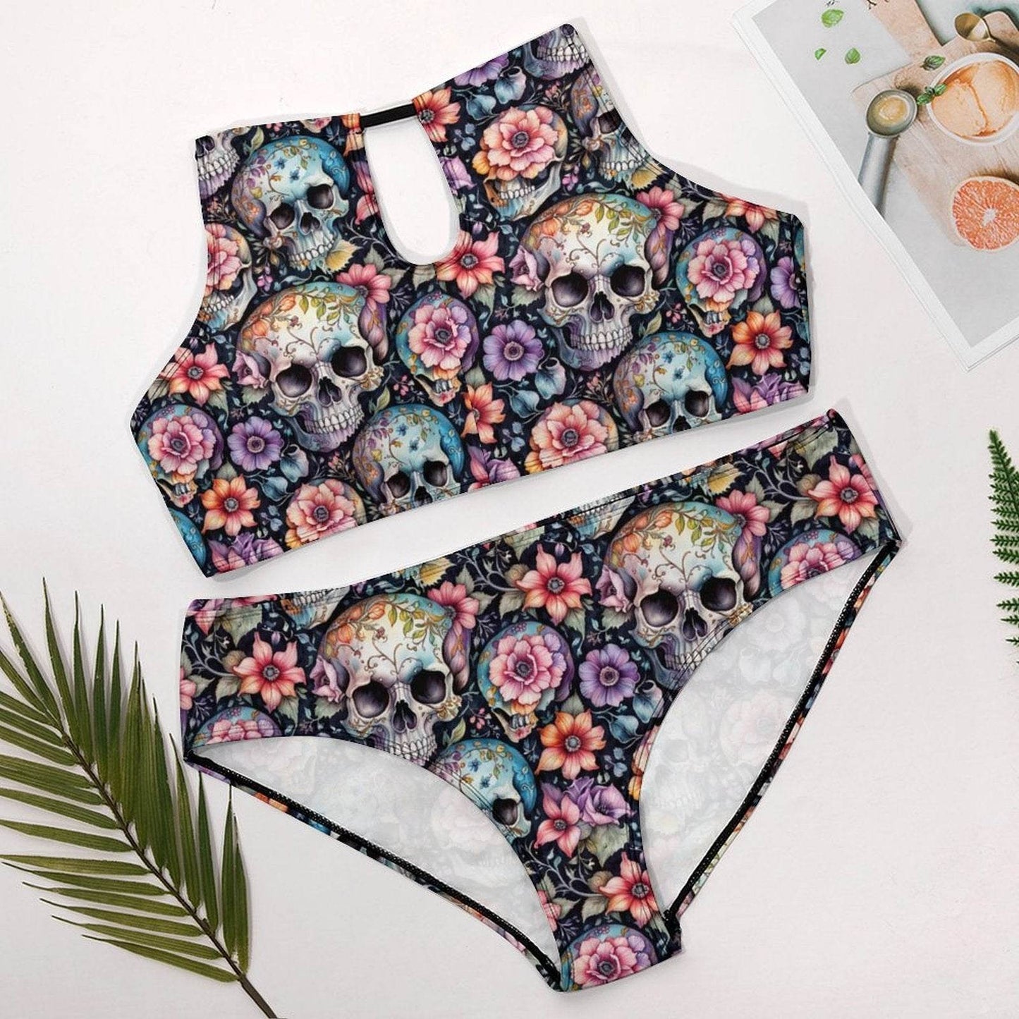 Plus Size Pastel Floral and Skulls Two-piece Swimsuit - DeRose Seasonal