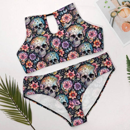 Plus Size Pastel Floral and Skulls Two-piece Swimsuit - DeRose Seasonal
