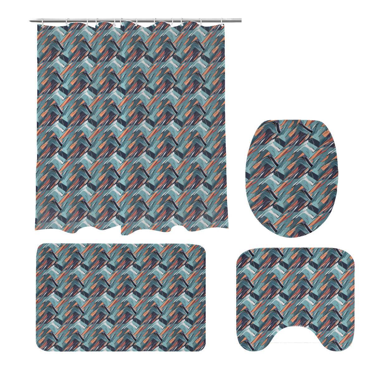 Abstract Breeze Bathroom Four-Piece Set(Shower Curtain + Toilet Cover Mat + Toilet Foot Mat + Floor Mat)| Polyester - DeRose Seasonal