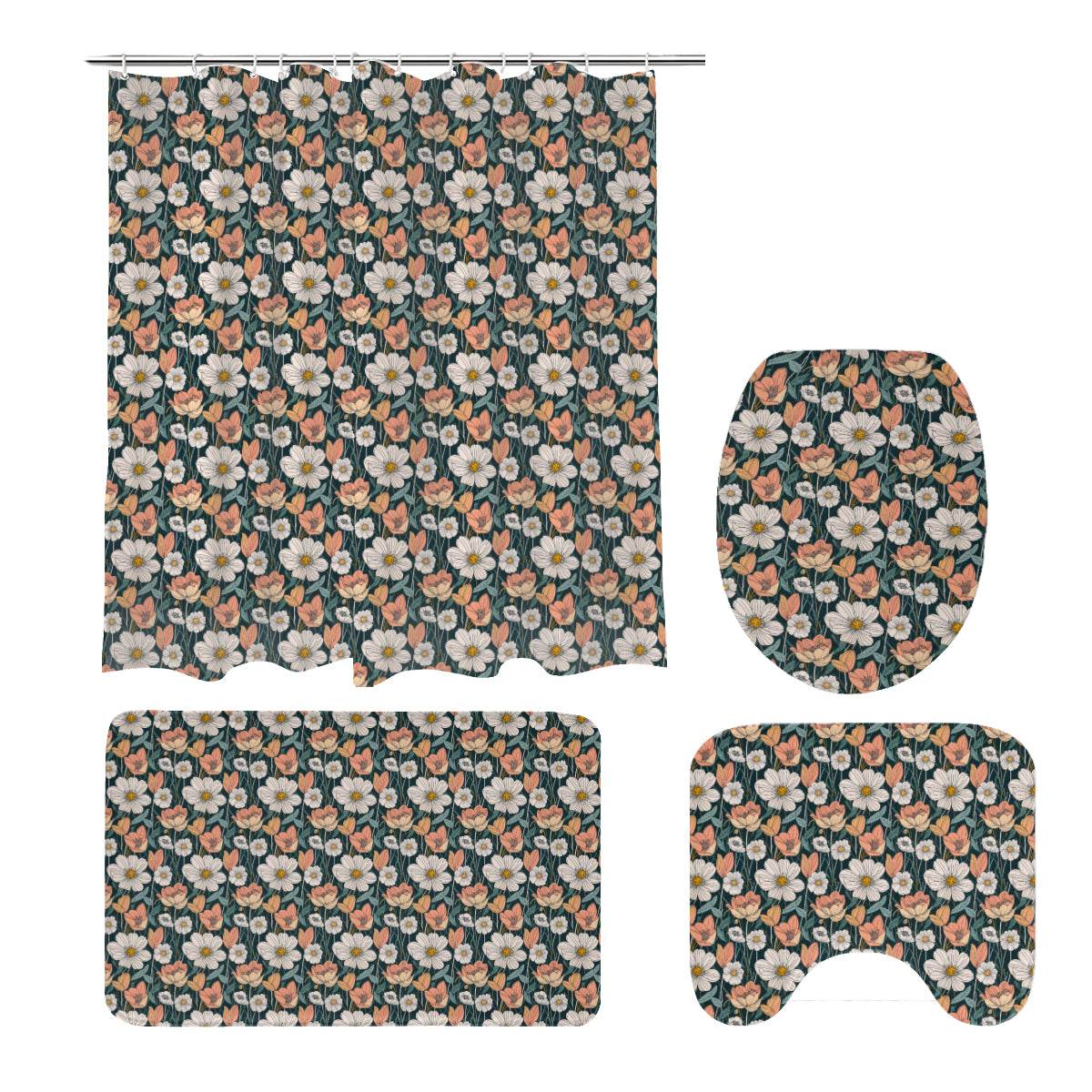 Tulips and Daisys Bathroom Four-Piece Set(Shower Curtain + Toilet Cover Mat + Toilet Foot Mat + Floor Mat)| Polyester - DeRose Seasonal