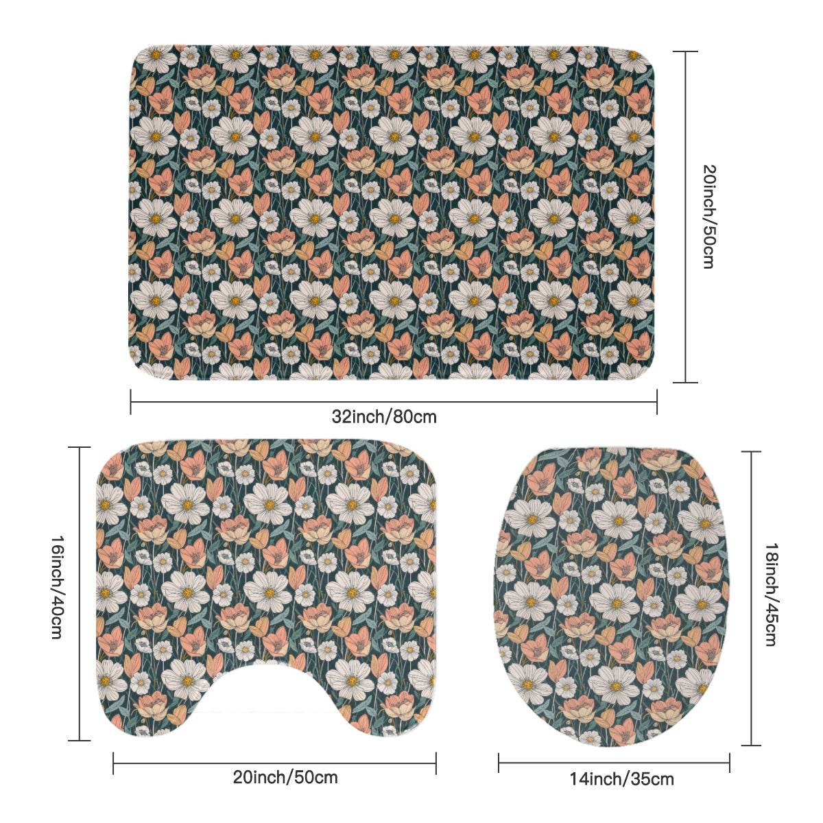 Tulips and Daisys Bathroom Four-Piece Set(Shower Curtain + Toilet Cover Mat + Toilet Foot Mat + Floor Mat)| Polyester - DeRose Seasonal