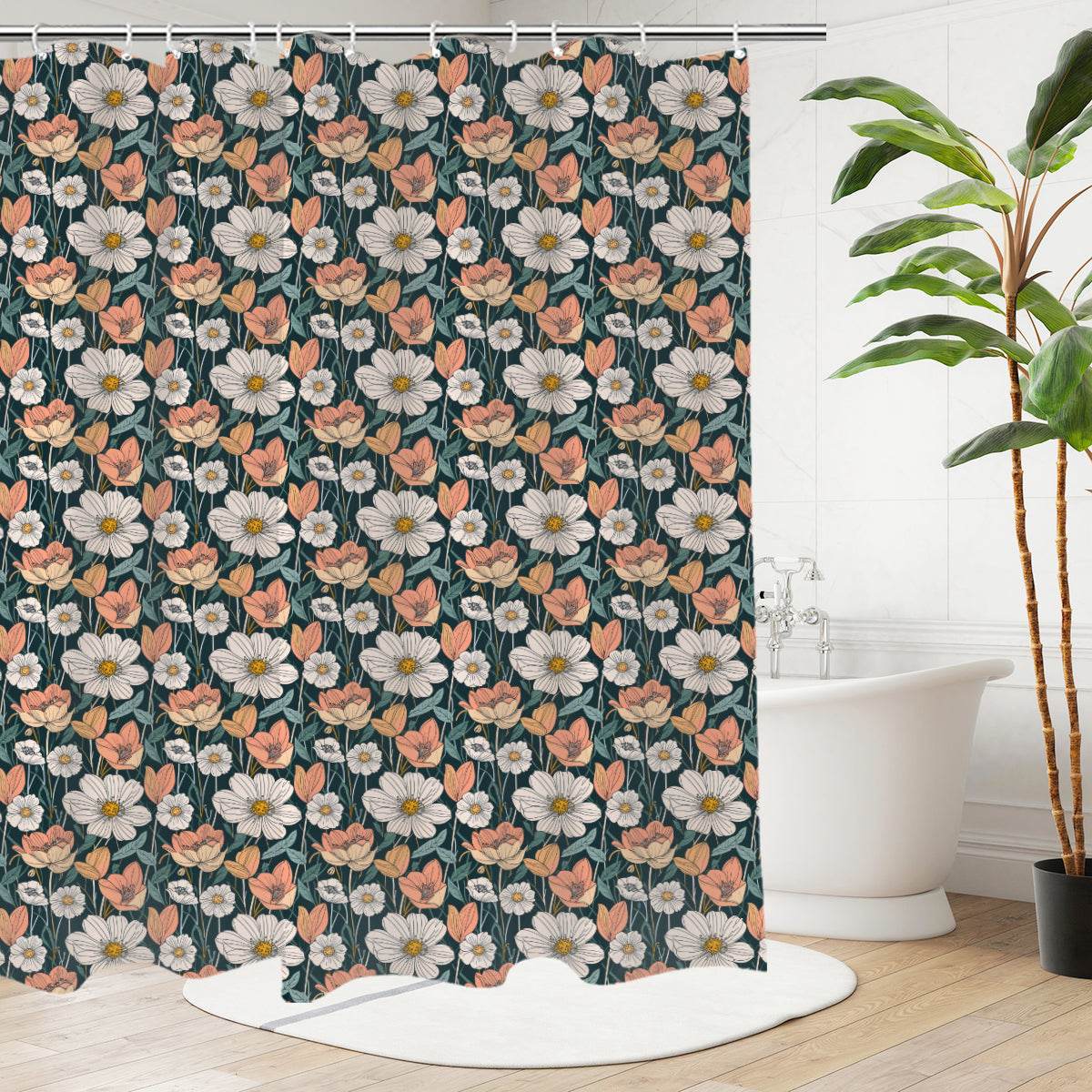 Tulips and Daisys Bathroom Four-Piece Set(Shower Curtain + Toilet Cover Mat + Toilet Foot Mat + Floor Mat)| Polyester - DeRose Seasonal