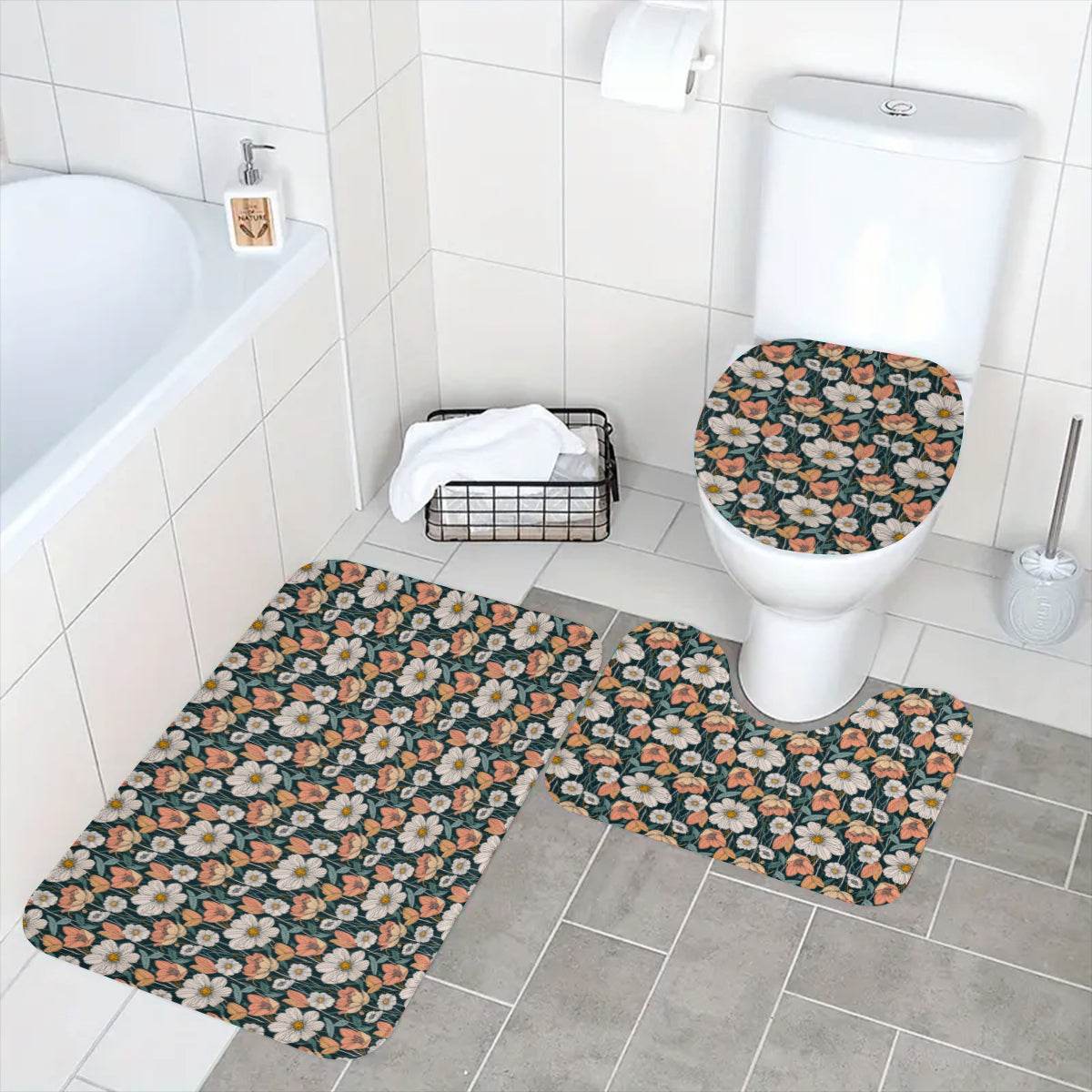 Tulips and Daisys Bathroom Four-Piece Set(Shower Curtain + Toilet Cover Mat + Toilet Foot Mat + Floor Mat)| Polyester - DeRose Seasonal