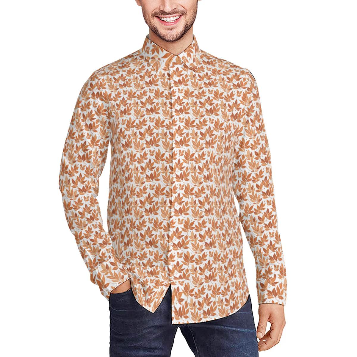 Autumn Leaves Men's Classic Long-Sleeved Button up Polyester Dress Shirt - DeRose Seasonal