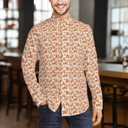 Autumn Leaves Men's Classic Long-Sleeved Button up Polyester Dress Shirt - DeRose Seasonal