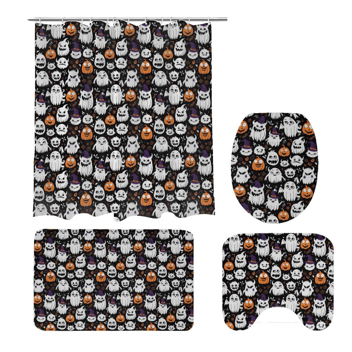 Cute Monster Witches Bathroom Four-Piece Set(Shower Curtain + Toilet Cover Mat + Toilet Foot Mat + Floor Mat)| Polyester - DeRose Seasonal