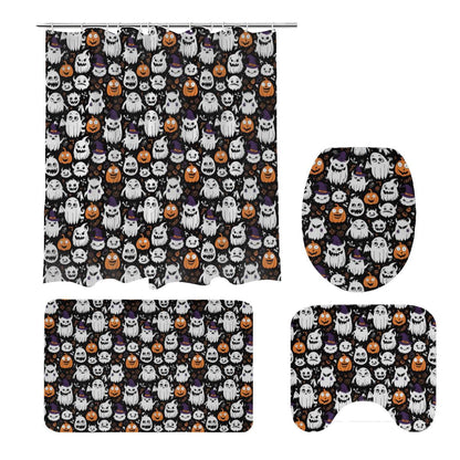 Cute Monster Witches Bathroom Four-Piece Set(Shower Curtain + Toilet Cover Mat + Toilet Foot Mat + Floor Mat)| Polyester - DeRose Seasonal