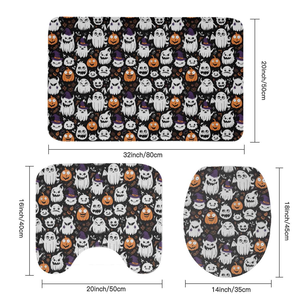 Cute Monster Witches Bathroom Four-Piece Set(Shower Curtain + Toilet Cover Mat + Toilet Foot Mat + Floor Mat)| Polyester - DeRose Seasonal