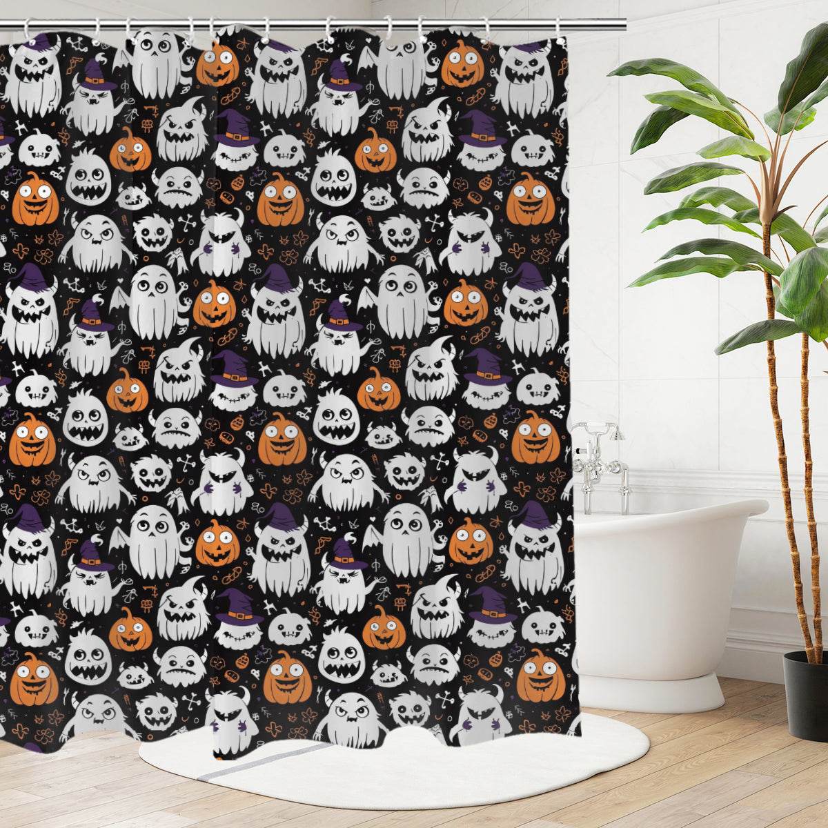 Cute Monster Witches Bathroom Four-Piece Set(Shower Curtain + Toilet Cover Mat + Toilet Foot Mat + Floor Mat)| Polyester - DeRose Seasonal