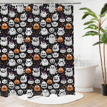 Cute Monster Witches Bathroom Four-Piece Set(Shower Curtain + Toilet Cover Mat + Toilet Foot Mat + Floor Mat)| Polyester - DeRose Seasonal