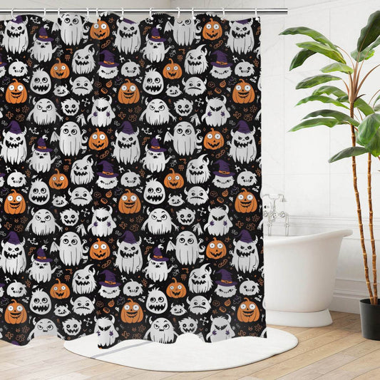 Cute Monster Witches Bathroom Four-Piece Set(Shower Curtain + Toilet Cover Mat + Toilet Foot Mat + Floor Mat)| Polyester - DeRose Seasonal