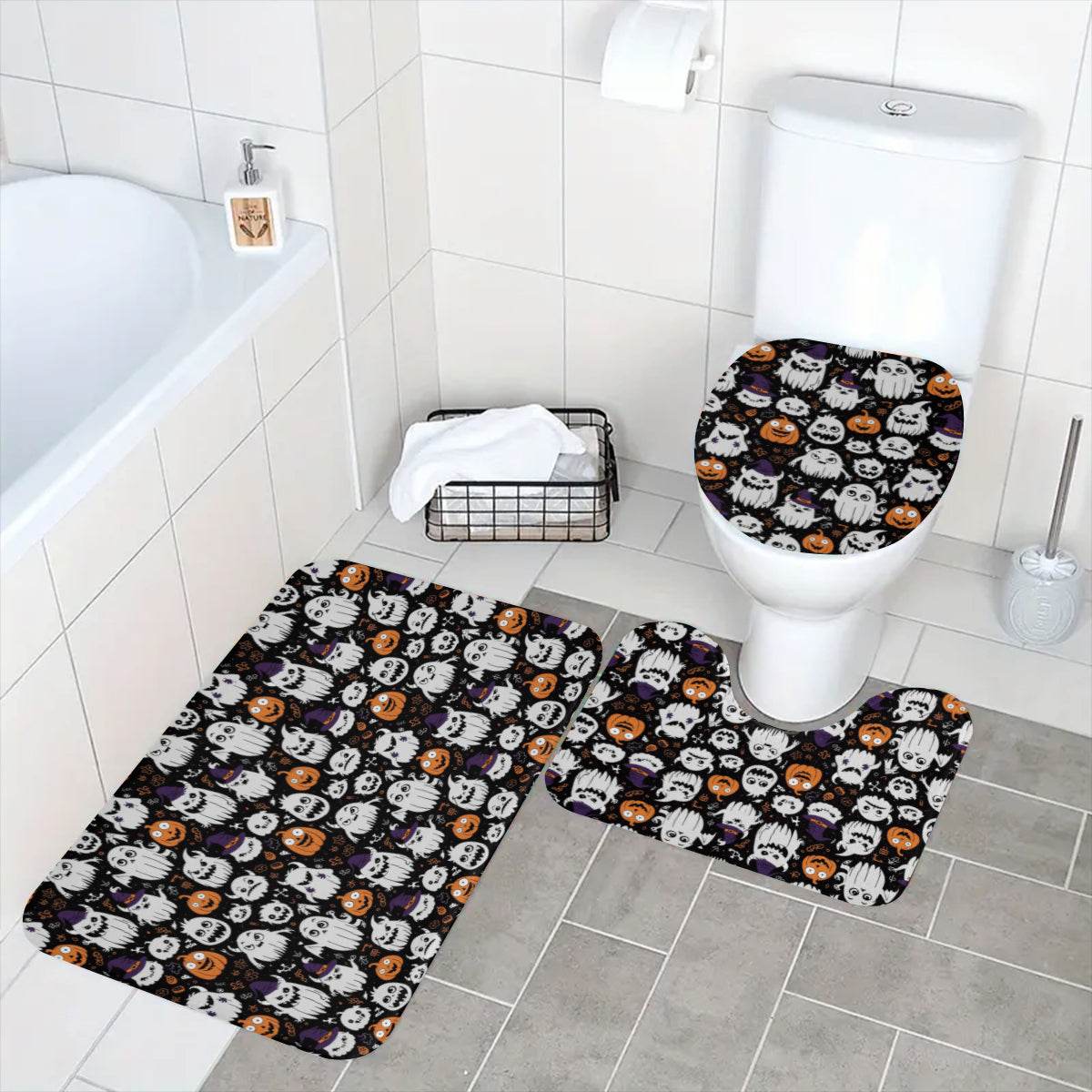 Cute Monster Witches Bathroom Four-Piece Set(Shower Curtain + Toilet Cover Mat + Toilet Foot Mat + Floor Mat)| Polyester - DeRose Seasonal