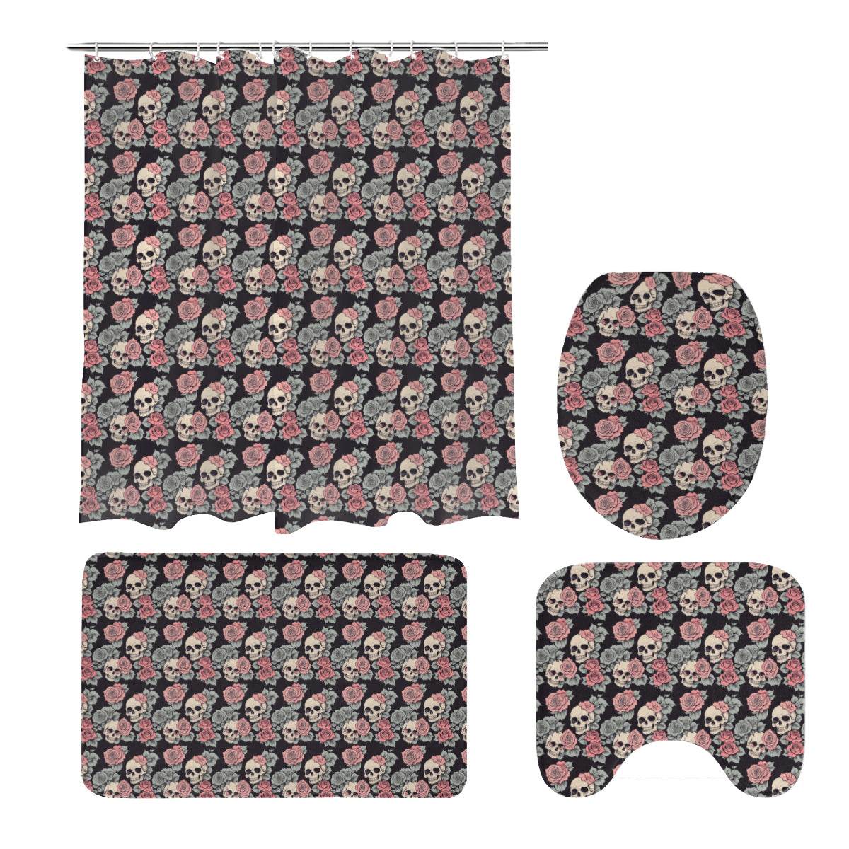 Skull and Pink Rose Bathroom Four-Piece Set(Shower Curtain + Toilet Cover Mat + Toilet Foot Mat + Floor Mat)| Polyester - DeRose Seasonal