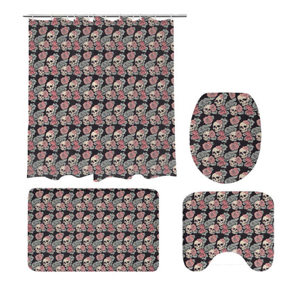 Skull and Pink Rose Bathroom Four-Piece Set(Shower Curtain + Toilet Cover Mat + Toilet Foot Mat + Floor Mat)| Polyester - DeRose Seasonal