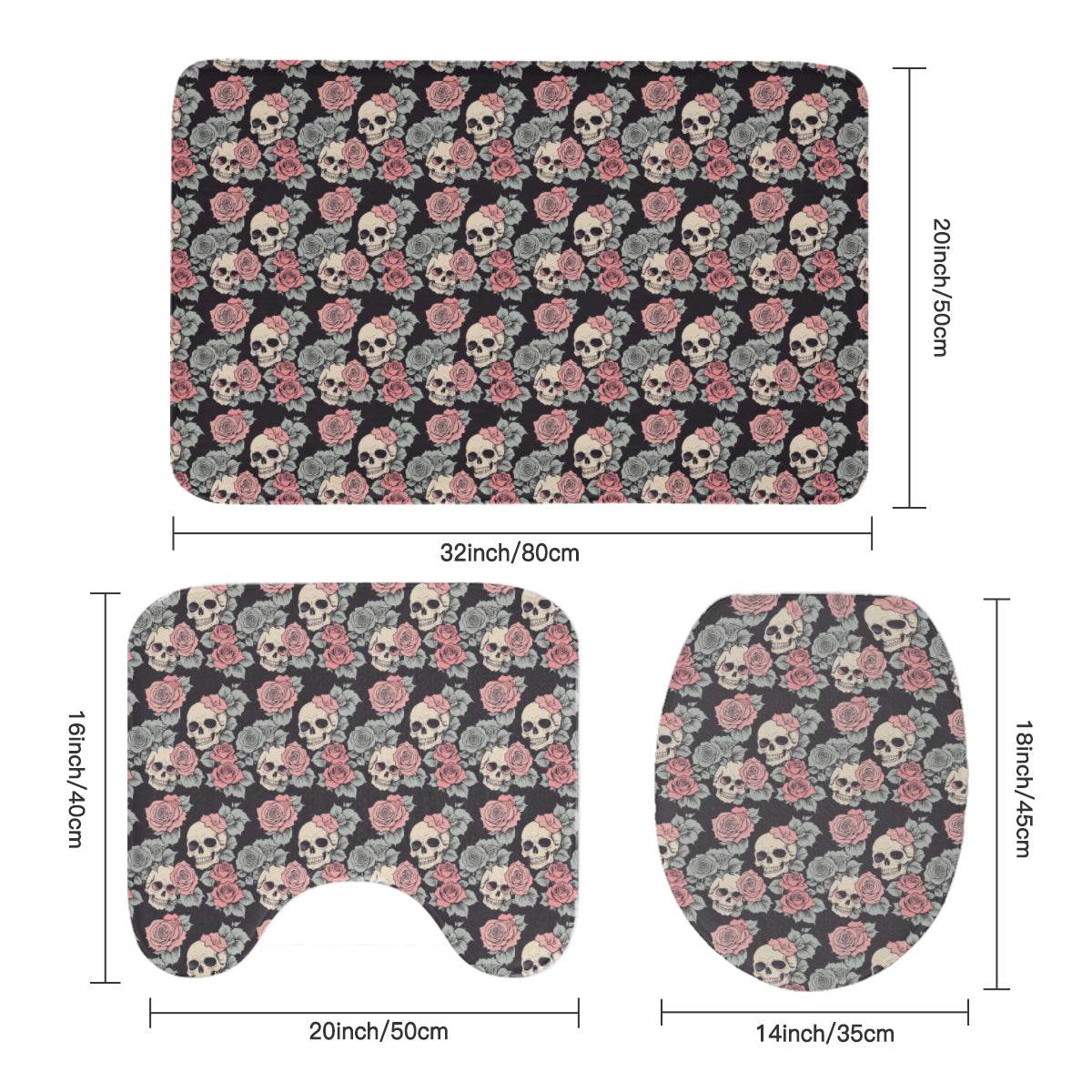 Skull and Pink Rose Bathroom Four-Piece Set(Shower Curtain + Toilet Cover Mat + Toilet Foot Mat + Floor Mat)| Polyester - DeRose Seasonal