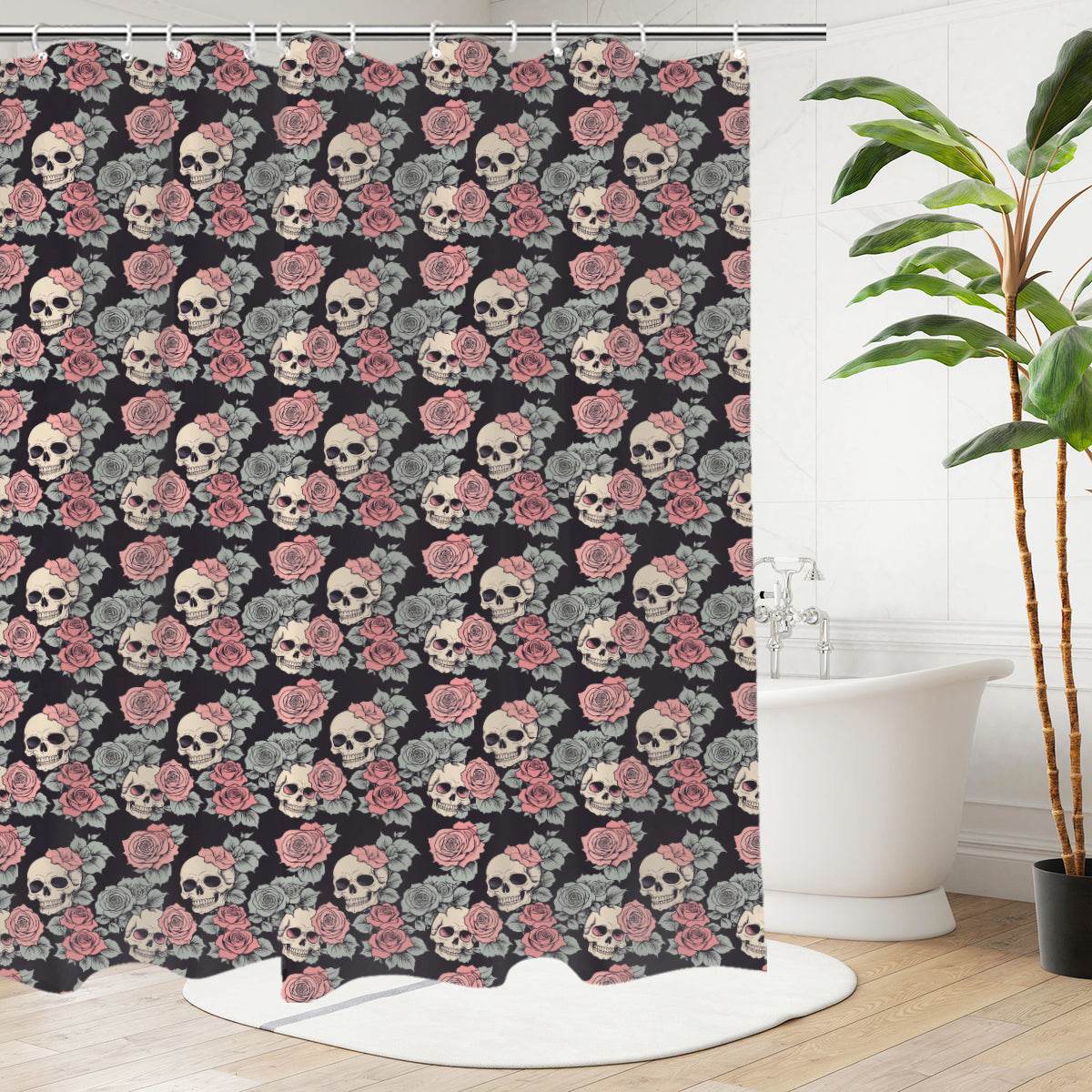 Skull and Pink Rose Bathroom Four-Piece Set(Shower Curtain + Toilet Cover Mat + Toilet Foot Mat + Floor Mat)| Polyester - DeRose Seasonal