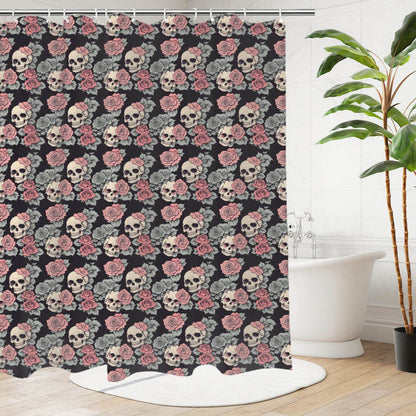 Skull and Pink Rose Bathroom Four-Piece Set(Shower Curtain + Toilet Cover Mat + Toilet Foot Mat + Floor Mat)| Polyester - DeRose Seasonal