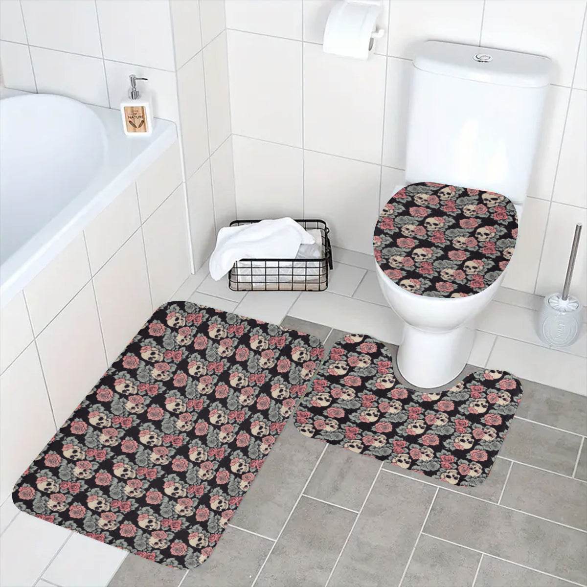 Skull and Pink Rose Bathroom Four-Piece Set(Shower Curtain + Toilet Cover Mat + Toilet Foot Mat + Floor Mat)| Polyester - DeRose Seasonal
