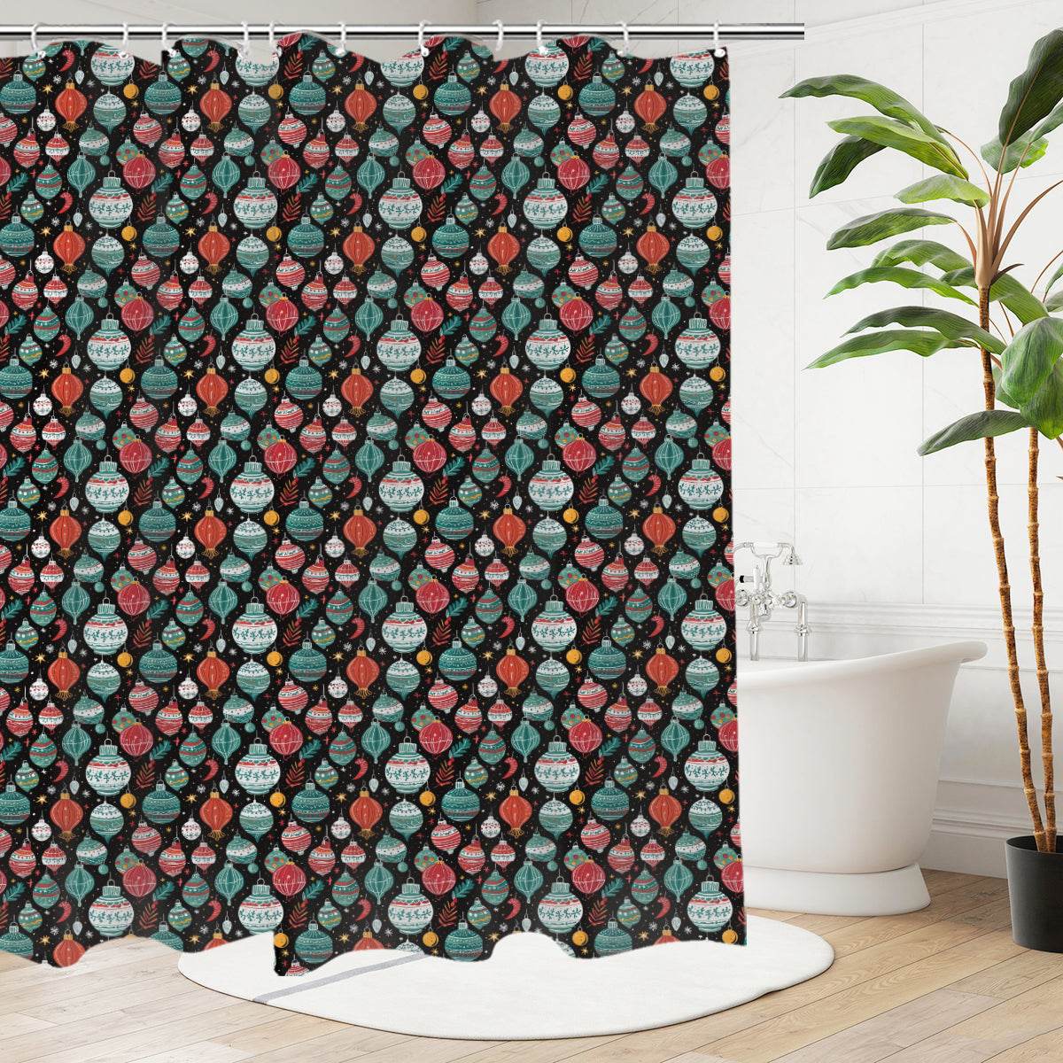 Big Ornament Bathroom Four-Piece Set(Shower Curtain + Toilet Cover Mat + Toilet Foot Mat + Floor Mat)| Polyester - DeRose Seasonal