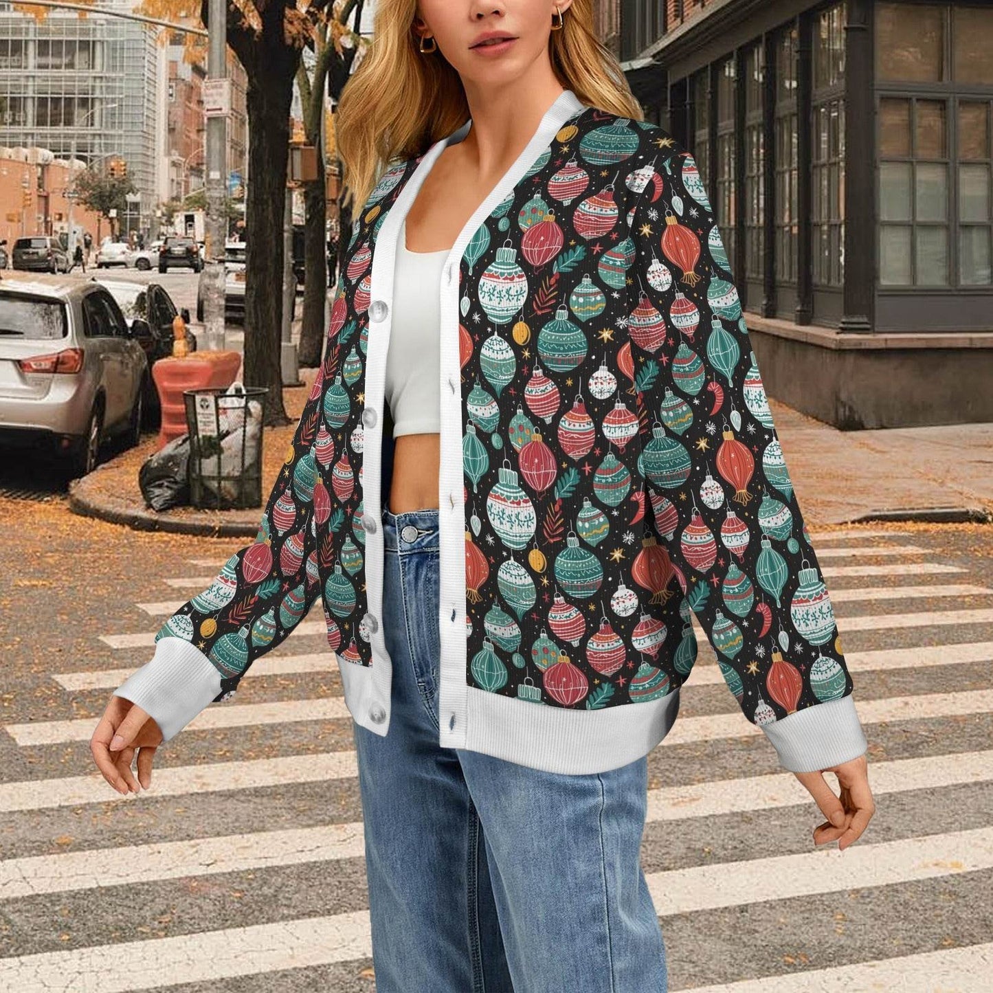 Big Ornament Women's Cardigan Button Sweater Custom Women's Cardigan (Model H73) - DeRose Seasonal