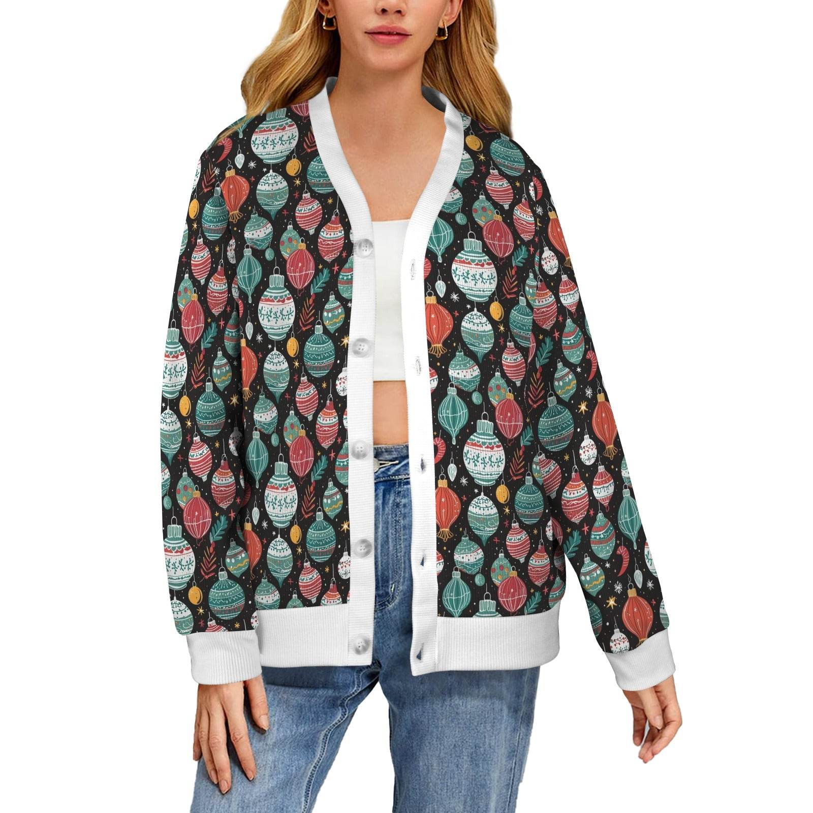 Big Ornament Women's Cardigan Button Sweater Custom Women's Cardigan (Model H73) - DeRose Seasonal