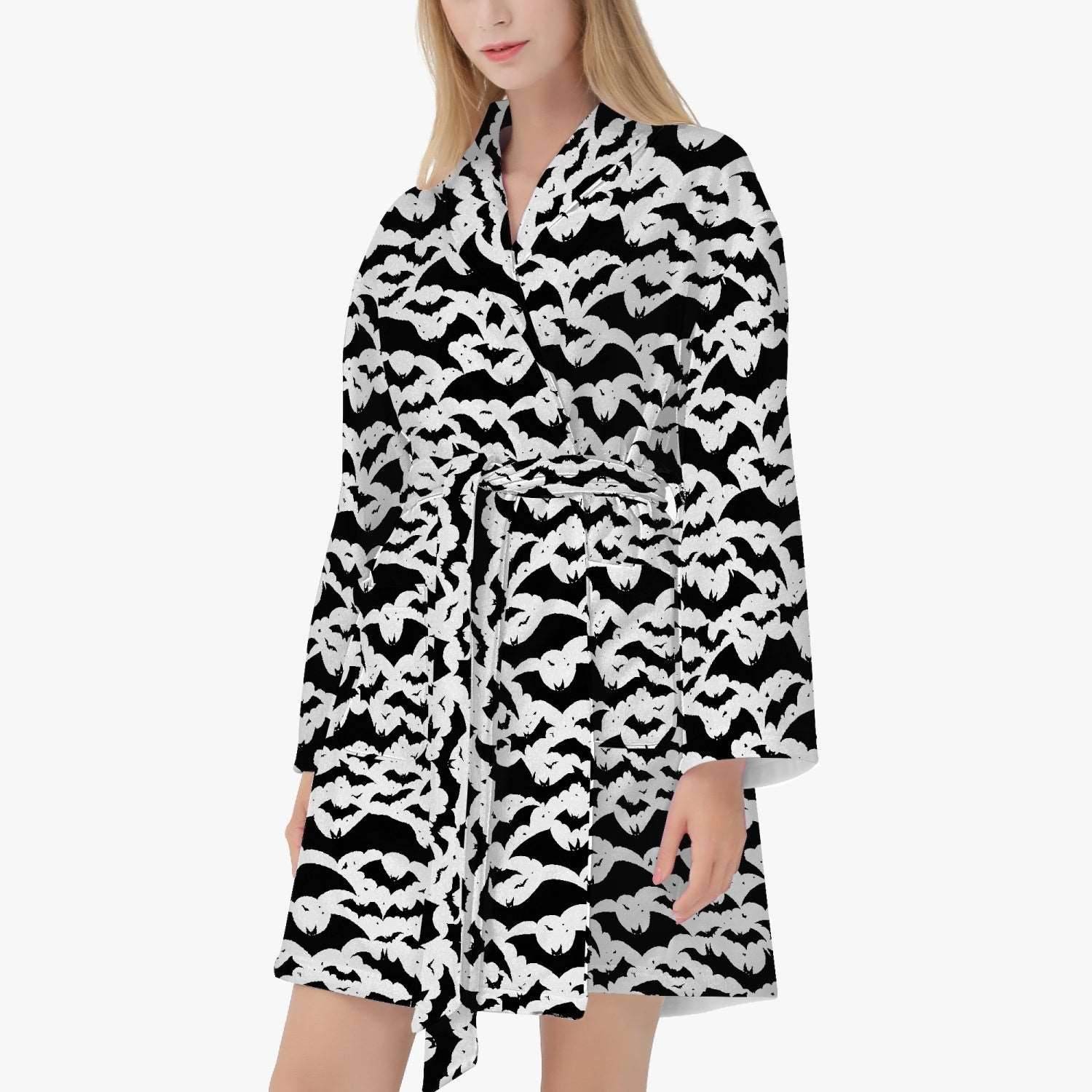 Black and White Bats Women's Loose-fitting Bathrobe - DeRose Seasonal