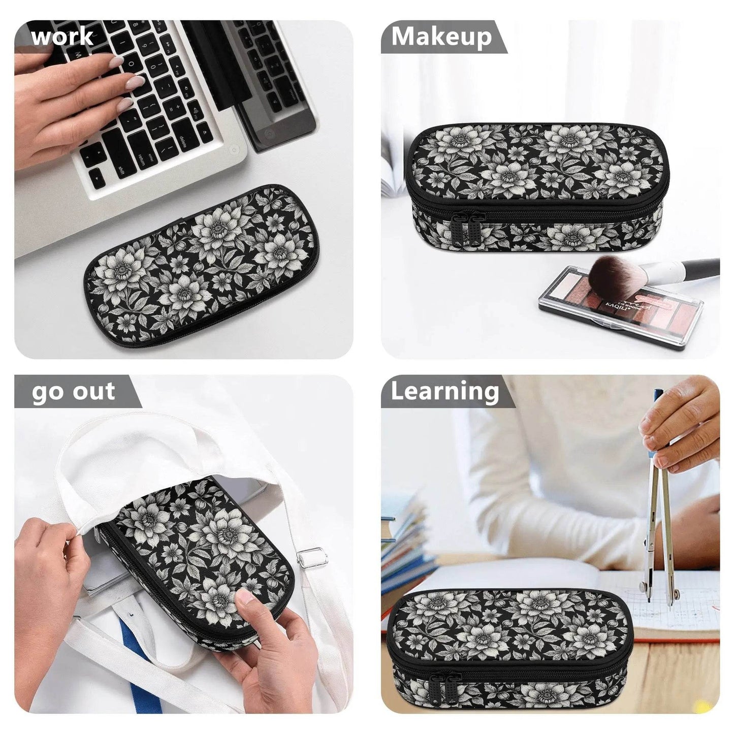 Black and White Bloom 3-Layer Pencil and Cosmetic Case - DeRose Seasonal