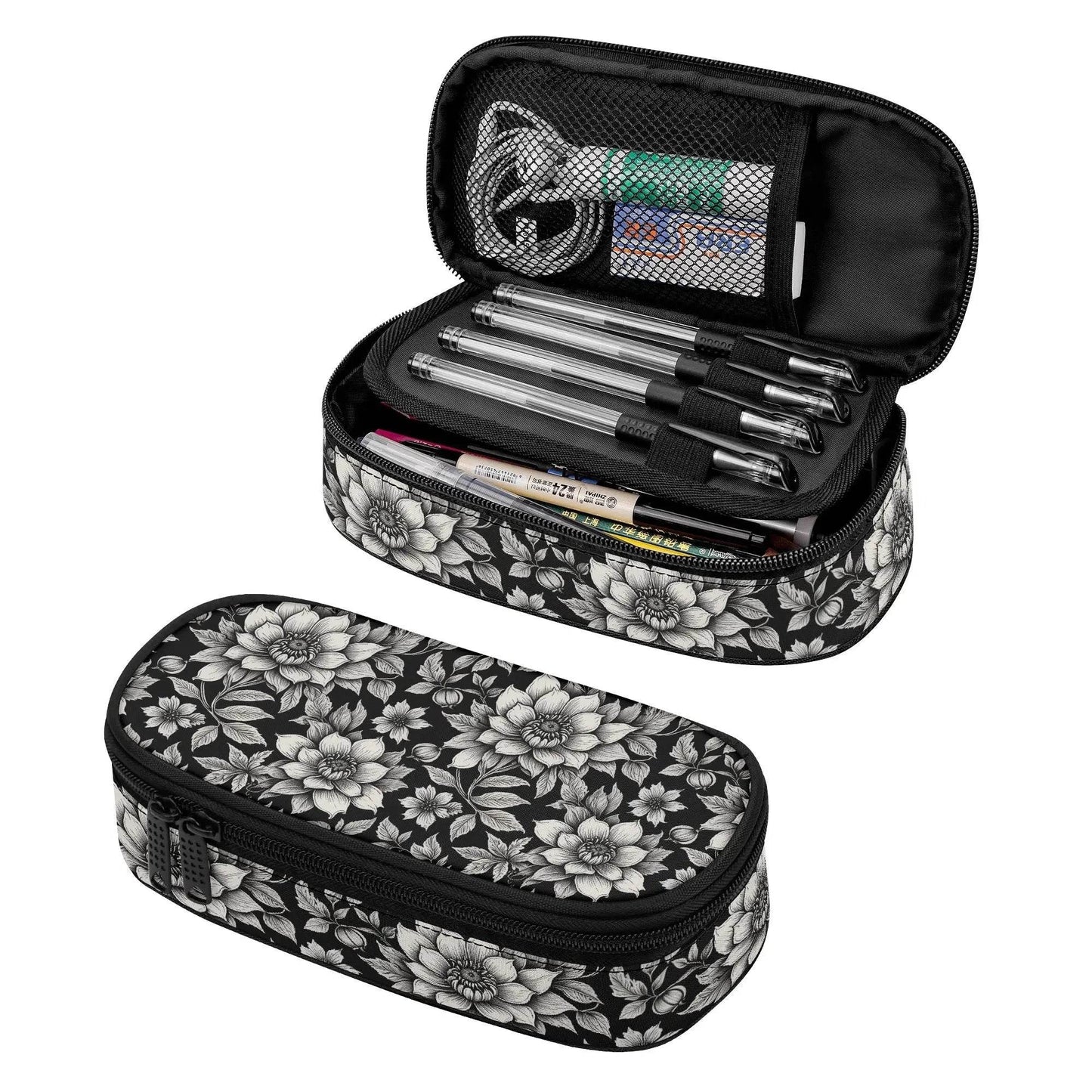 Black and White Bloom 3-Layer Pencil and Cosmetic Case - DeRose Seasonal