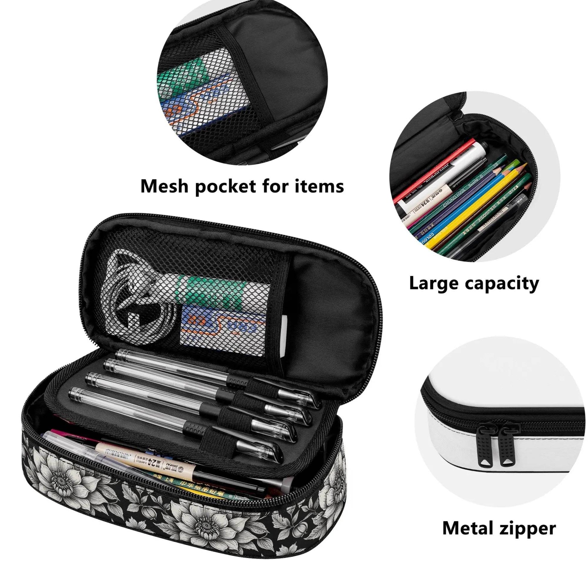 Black and White Bloom 3-Layer Pencil and Cosmetic Case - DeRose Seasonal
