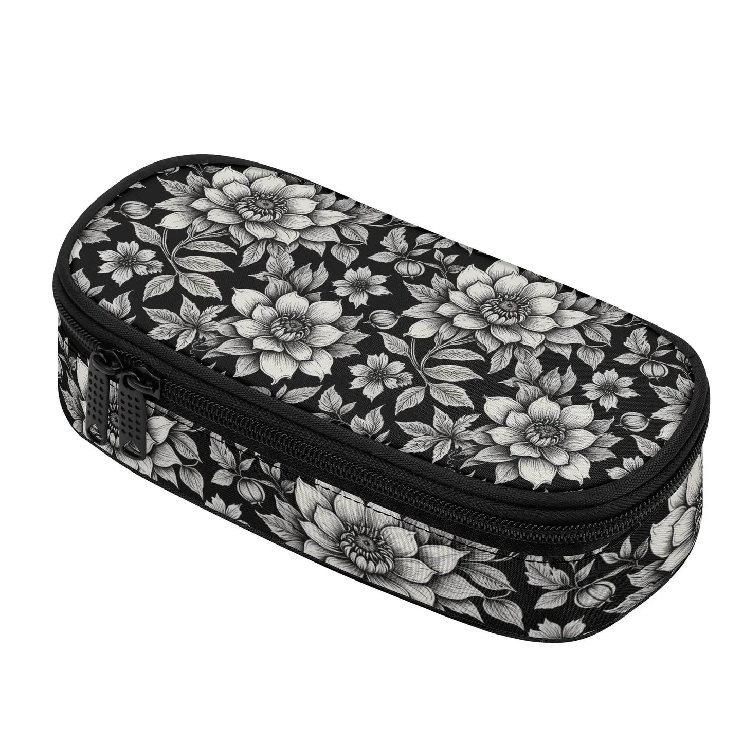 Black and White Bloom 3-Layer Pencil and Cosmetic Case - DeRose Seasonal