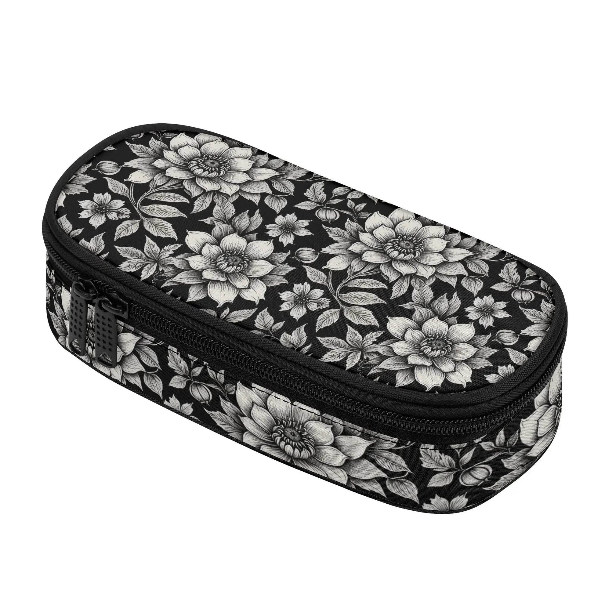 Black and White Bloom 3-Layer Pencil and Cosmetic Case - DeRose Seasonal
