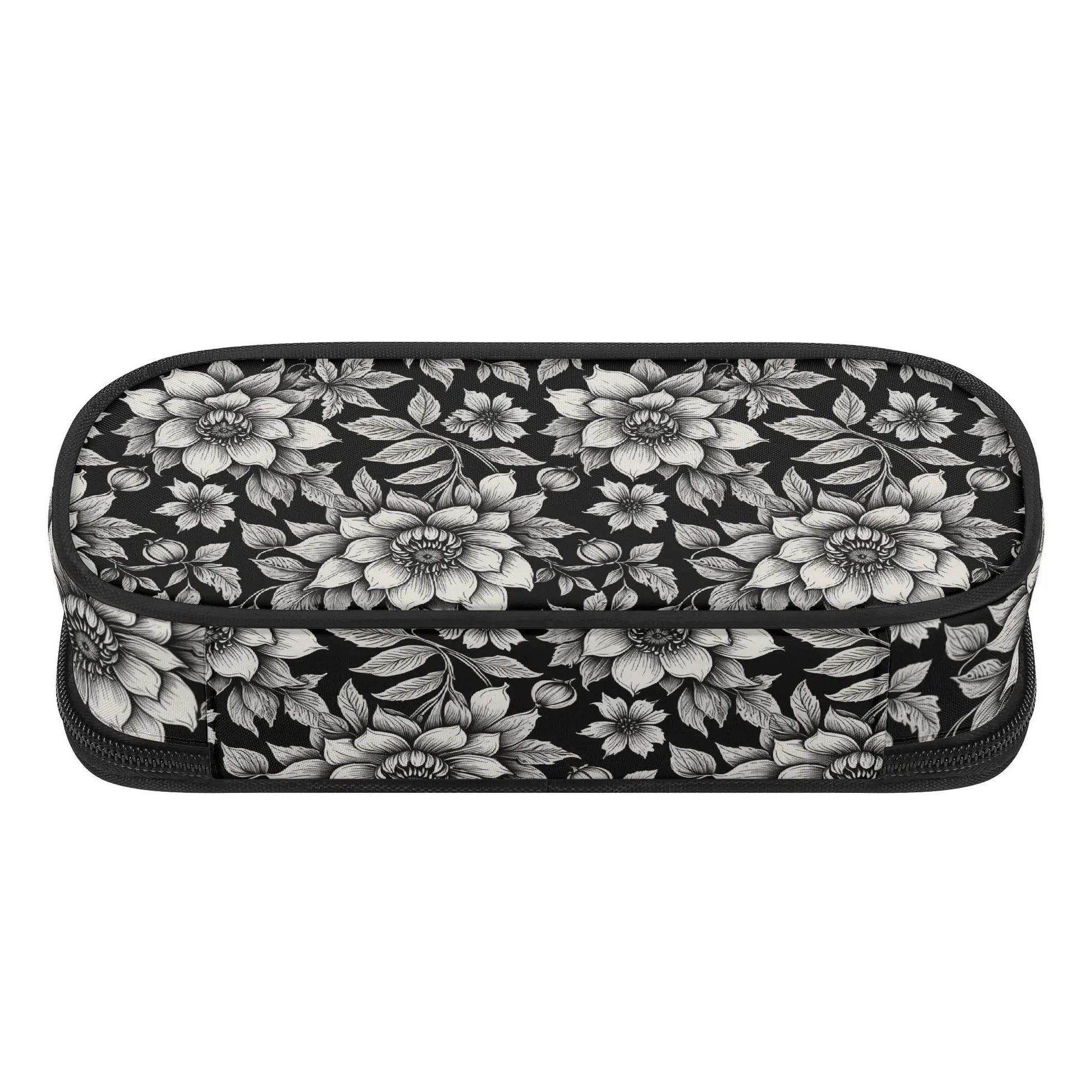 Black and White Bloom 3-Layer Pencil and Cosmetic Case - DeRose Seasonal