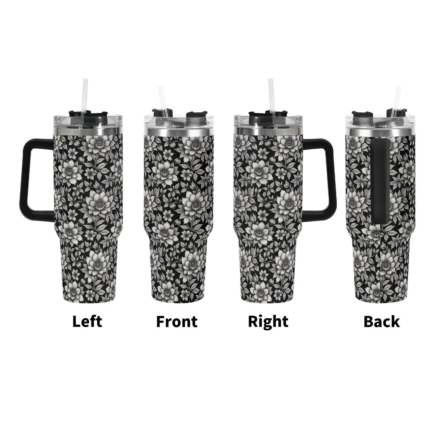 Black and White Bloom 40oz Stainless Steel Tumbler Gift With Black Handle and Straw - DeRose Seasonal