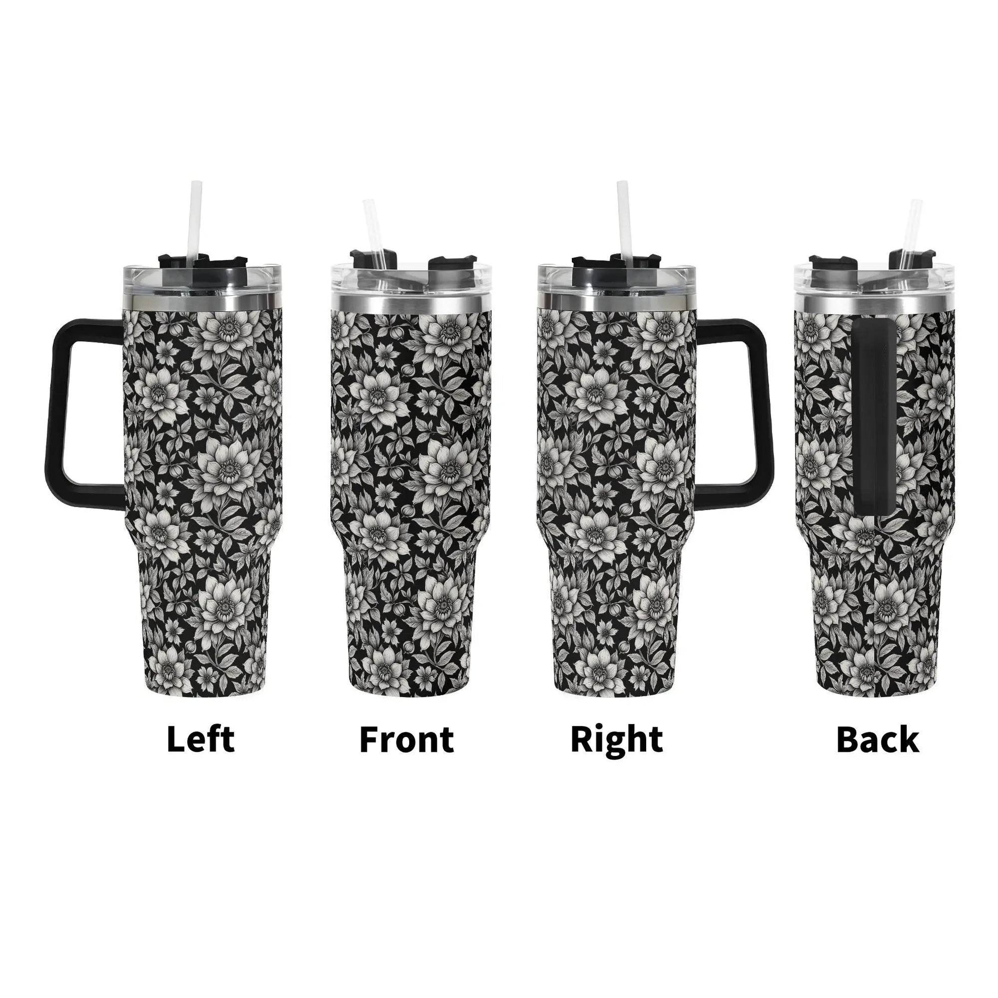 Black and White Bloom 40oz Stainless Steel Tumbler Gift With Black Handle and Straw - DeRose Seasonal