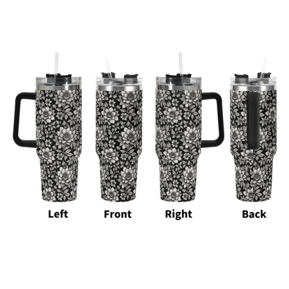 Black and White Bloom 40oz Stainless Steel Tumbler Gift With Black Handle and Straw - DeRose Seasonal
