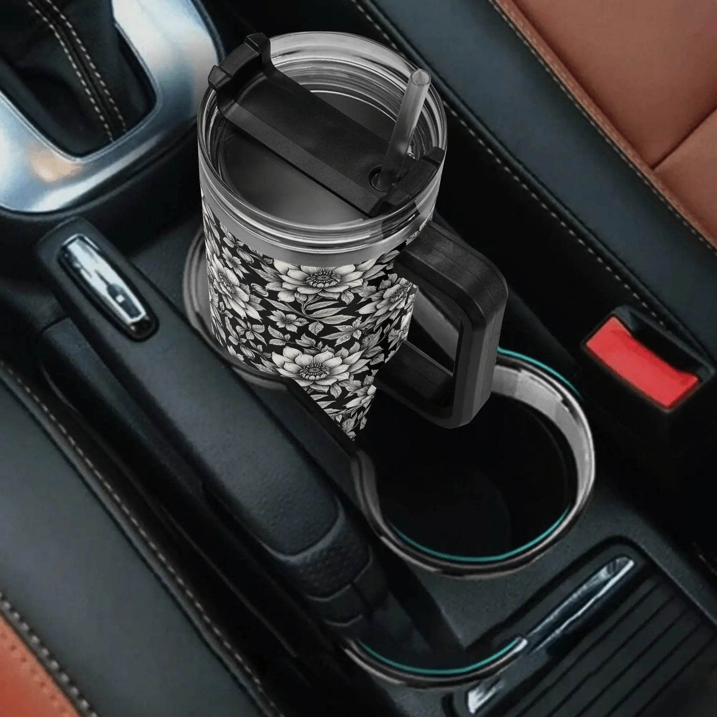 Black and White Bloom 40oz Stainless Steel Tumbler Gift With Black Handle and Straw - DeRose Seasonal