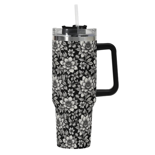 Black and White Bloom 40oz Stainless Steel Tumbler Gift With Black Handle and Straw - DeRose Seasonal