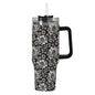 Black and White Bloom 40oz Stainless Steel Tumbler Gift With Black Handle and Straw - DeRose Seasonal