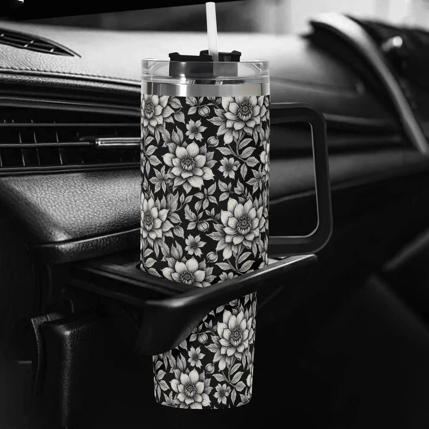 Black and White Bloom 40oz Stainless Steel Tumbler Gift With Black Handle and Straw - DeRose Seasonal