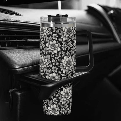 Black and White Bloom 40oz Stainless Steel Tumbler Gift With Black Handle and Straw - DeRose Seasonal
