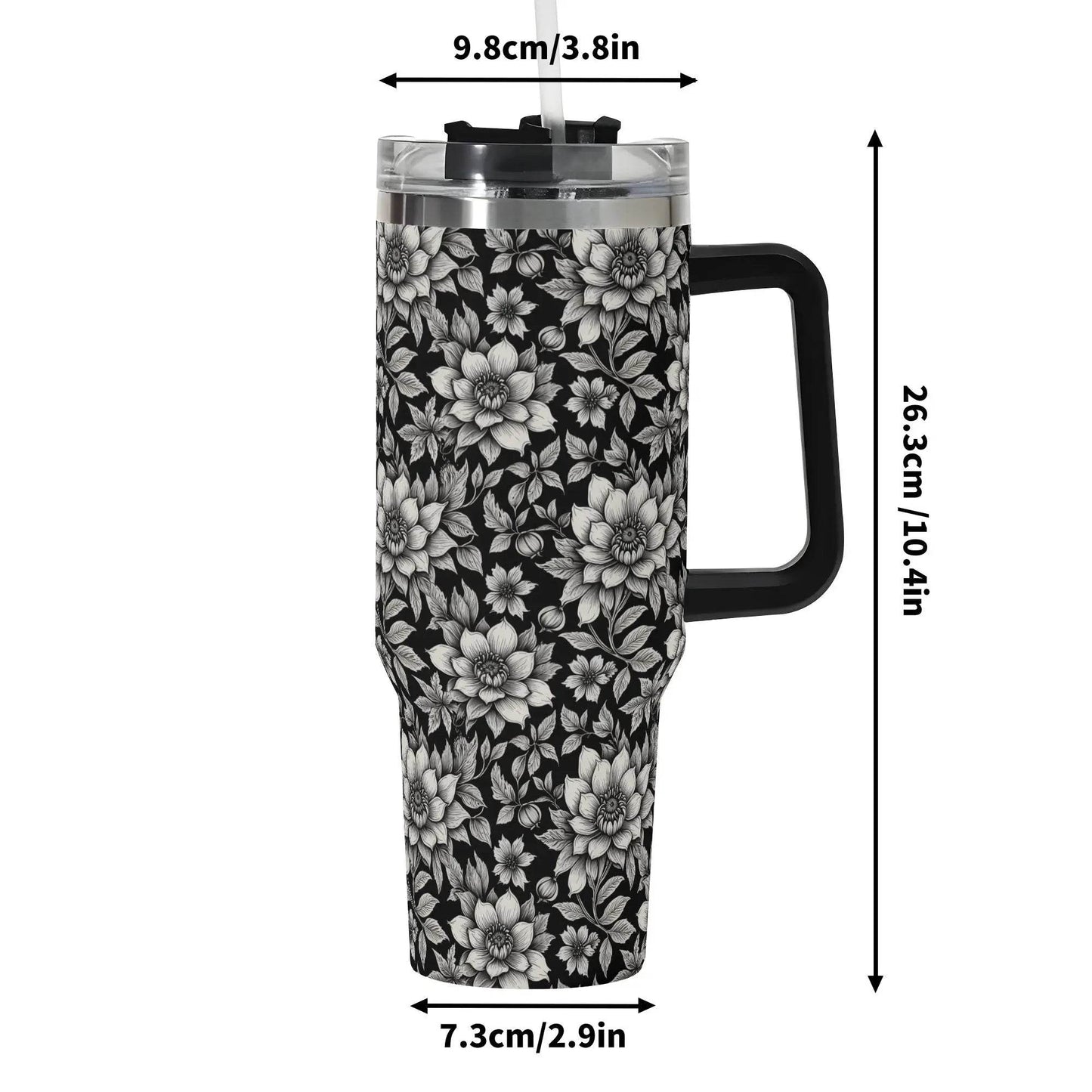 Black and White Bloom 40oz Stainless Steel Tumbler Gift With Black Handle and Straw - DeRose Seasonal