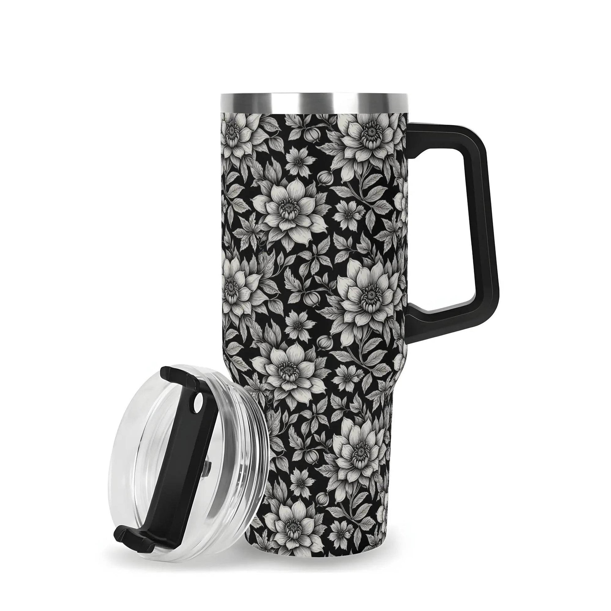 Black and White Bloom 40oz Stainless Steel Tumbler Gift With Black Handle and Straw - DeRose Seasonal