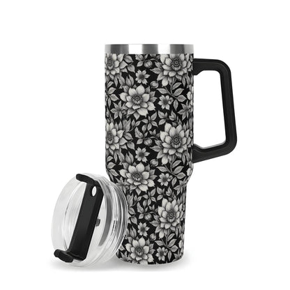 Black and White Bloom 40oz Stainless Steel Tumbler Gift With Black Handle and Straw - DeRose Seasonal