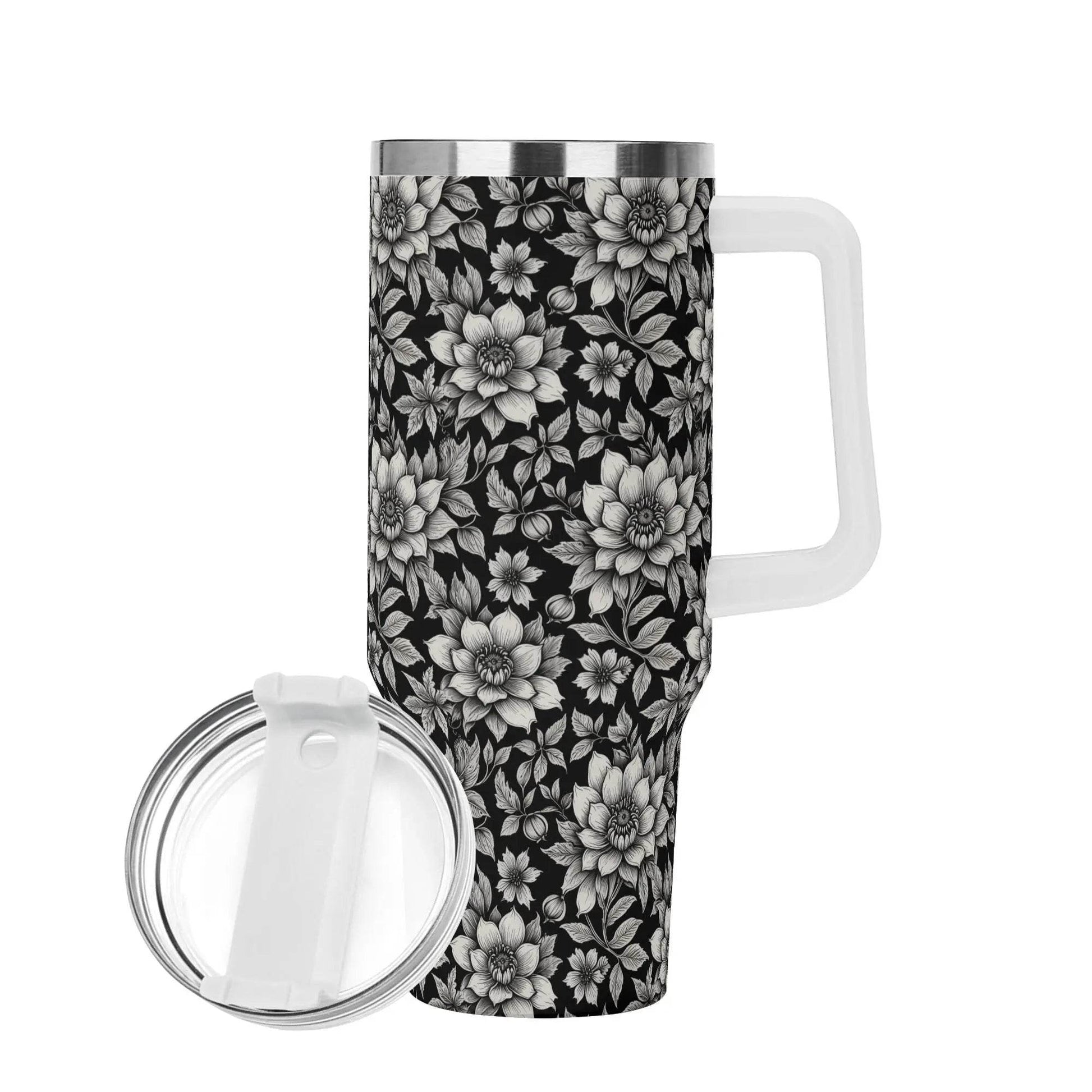 Black and White Bloom 40oz Stainless Steel Tumbler Gift With White Handle and Straw - DeRose Seasonal