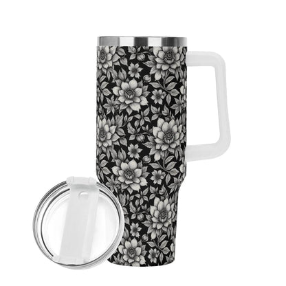 Black and White Bloom 40oz Stainless Steel Tumbler Gift With White Handle and Straw - DeRose Seasonal
