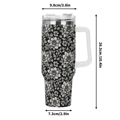 Black and White Bloom 40oz Stainless Steel Tumbler Gift With White Handle and Straw - DeRose Seasonal