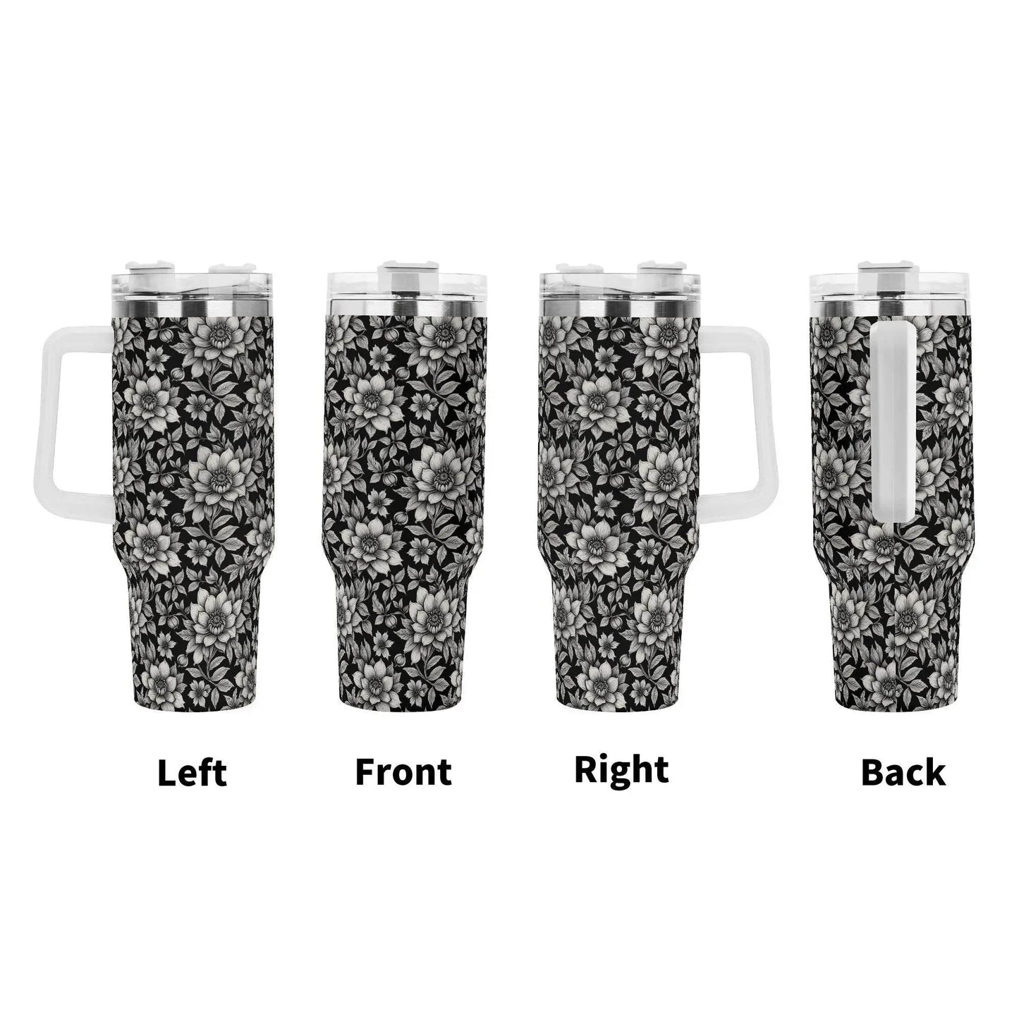 Black and White Bloom 40oz Stainless Steel Tumbler Gift With White Handle and Straw - DeRose Seasonal