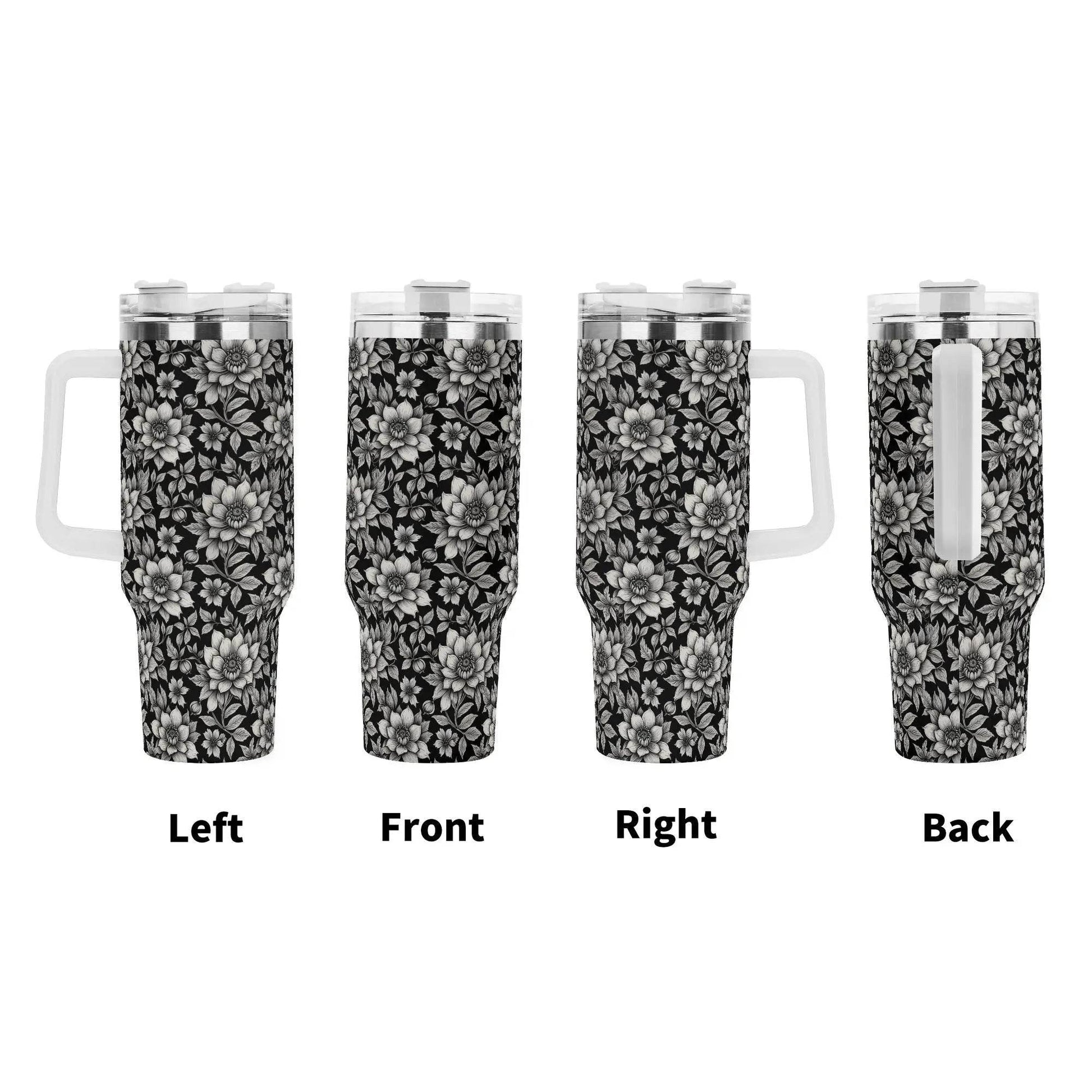 Black and White Bloom 40oz Stainless Steel Tumbler Gift With White Handle and Straw - DeRose Seasonal